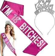 [RhinestoneSash] 18th Birthday Sash and Crown - PREMIUM GRADE SATIN Sash & Comort Headband - Funny I'm 18 es Gifts