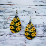 Handmade Sublimation Wooden Teardrop Sunflower Earrings