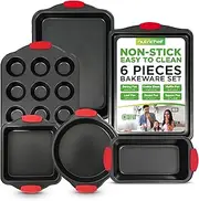 NutriChef 6-Piece Nonstick Bakeware Set - Carbon Steel Baking Tray Set w/Heatsafe Red Silicone Handles, Oven Safe Up to 450°F, Loaf Muffin Round/Square Pans, Cookie Sheet, Baking Pan -NCSBS6S