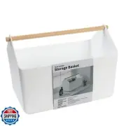 BLUE GINKGO Large Storage Basket – Plastic Caddy with Wooden Handle for Bathr