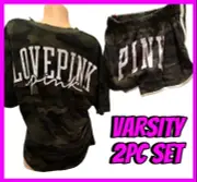 NEW Victorias Secret Pink VARSITY Short Sleeve Tee & Shorts SET Carbide Camo M/L