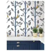 PSW1236RL Blue and Yellow Aviary Branch Premium Peel and Stick Wallpaper