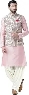 [KISAH] Men's Kurta Jacket Elastic Churidar Set, Silk Blend, Woven Design Regular Fit Mandarin Collar | Mens Ethnic Wear