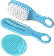 Aolso Baby Hair Brush, 3PCS Baby Hair Brush and Comb Set, Cradle Cap Brush and Baby Hair Comb for Newborns & Toddlers, Perfect Baby Registry Gift, Blue