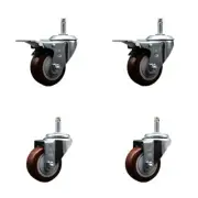 3 Inch Maroon Poly Wheel Swivel 7/16 Inch Stem Caster Set 2 Total Lock Brake