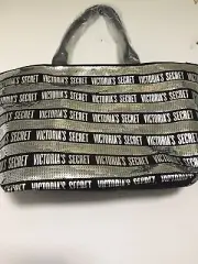 Victoria Secret Sequin Zipper Close Black Canvas Tote Bag Size L 15”X13”X6”. NWT