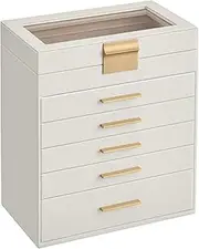 SONGMICS JBC171W01 6 Tier Jewellery Box with Glass Lid 5 Drawers Sunglasses Large Jewellery Storage Modern Cloud White Golden