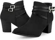 [Allegra K] Women's Pointed Toe Buckle Decor Cross Strap Block Heels Ankle Boots