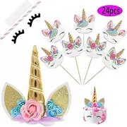 Unicorn Cake Topper with Eyelashes and 24 Pieces Double Sided Unicorn Cupcake Toppers set for Birthday Party Supplies, Wedding, Baby Shower
