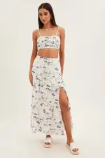 Blue Abstract Maxi Skirt High Waist Split Tiered Printed - Size 14, Women's Maxi Skirt