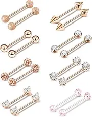 [WINSENET] 8 Pairs 14G Nipple Rings Stianless Steel Nipple Piercing Jewelry Cubic Zirconia Straight Tongue Rings Barbell Rings Nose Jewelry for Women Rose Gold