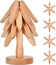 Wooden Trivets for Hot Dishes， Tree Shape Trivet Set,Trivets for Hot Dishes - 4 Wooden Trivet + 1 Stand（Beech Wood）
