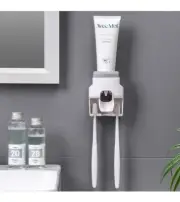 Gray Toothpaste Dispenser and Toothbrush Holder, Wall Mount Automatic Toothpaste