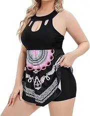 [Homxi] Plus Size Swimsuit for Women Two Piece,Hollow Backless with Ethnic Printed Halter Top Plus Size Swimsuits for Women