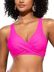 [SHEKINI] Women's Bikini Top Crossover V-Neck Pleated Backless Adjustable Push Up Beachwear