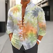 Men's Coconut Tree Gradient Color Tropical Plants Shirt Aloha Shirt Stand Collar Shirt Long Sleeve Hawaiian Vacation Daily Wear Going out Spring Fall Mandarin