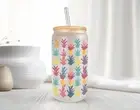 Pineapple Crowns Frosted Glass Can With Bamboo Lid 16 Oz Glass Cup by Mugzan