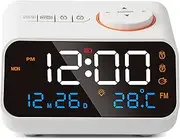 Multifunctional Digital Radio Alarm Clock - 0-100% Infinite Dimmer, Radio with Sleep Timer, Long Light Function, Temperature and Humidity, Easy to Set Bedside Clock (White)