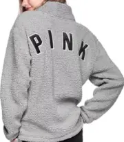 VICTORIA'S SECRET PINK Sherpa Boyfriend Quarter Zip Tunic Pullover Light Gray L