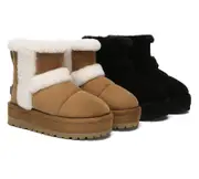 UGG EVERAU® UGG Boots Women Sheepskin Wool Shearling Lined Ankle Platform Udelia - Black / AU Ladies 7 / AU Men 5 / EU 38