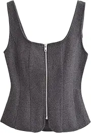 [Generic] Women's Sleeveless Square Neck Tank Top Solid Color Backless Zipper Street Short Camisole