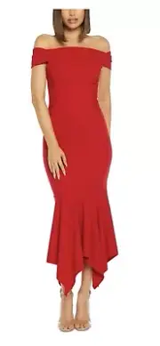 QUIZ Women’s Formal Dress Size 14 Red Handkerchief-hem Gown Off Shoulder Mermaid