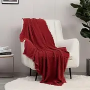 [CREVENT] Farmhouse Knit Throw Blanket for Couch Sofa Chair Bed Home Decoration, Soft Warm Cozy Light Weight for Spring Summer Fall (127x152cm Red)