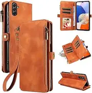 Compatible with Samsung Galaxy A14/M14 5G Wallet case with Zipper Credit Card Holder Wrist Strap Flip Folio Book PU Leather Stand Cell Accessories Phone Cover for A 14 4G 14A 14M G5 Girls Brown