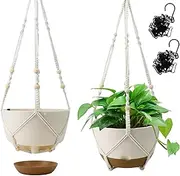 Koalaime Hanging Planter Self Watering 10 Inch, 2 Pack Indoor Outdoor Hanging Baskets, Hanging Flower Pots with Drainage Hole & 2 Kinds of Plant Hangers for Garden Home Decor(Cream)…