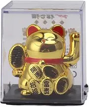 Solar Lucky Cat 2-inch Cute Automatic Waving Mini Plastic Cat for Home, Car, Desk, Restaurant, Hotel Decoration (Gold)