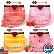 LZXLUKGIR 4PCS Lip Scrub and Mask Set,Strawberry and Honey Pot Lip Balm,Reduc