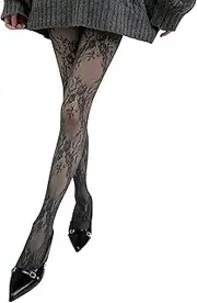 [Oxtxuzdm] Women Vintage Hollowed Out Fishnet Lace Tights Stockings Aesthetic Elegant Flower Patterned See Through Mesh Pantyhose