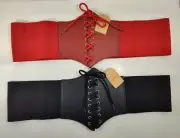 2 Wide Elastic & Leather Corset Belt Lace Up Front Button Back Red & Black