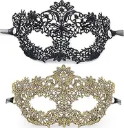 2 pcs Masquerade Lace Mask for Women, for Cosplay Venetian Mardi Gras Halloween Party - Black, Gold