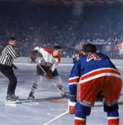 Montreal Canadiens Jean Beliveau in action faceoff vs New York Ran- Old Photo