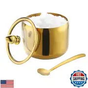 IBWell 10oz Sugar Bowl with Lid and Spoon Gold Sugar Container with Spoon for