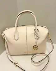 Michael Kors Hyde Large Leather Satchel Crossbody Handbag Purse - Light Cream