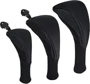 WIHQIBVCE Golf Head Covers - 3Pcs Golf Club Head Covers for Wood & Fairway, Driver Headcover Hybrids of No. Tags 3 4 5 6 7 X with Long Neck Mesh for Extra Club Protection (Black)
