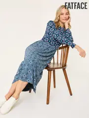 FatFace Fia Indigo Blue Batik Geo Jersey Midi Dress (E79198) | $120