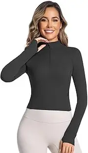 [Sunzel] Women's Long Sleeve Workout Crop Tops, Half Quarter Zip Compression Shirts with Thumbholes Quick Dry Athletic Running