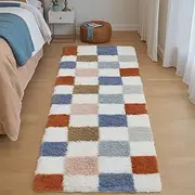 HUGEAR Rug Checked Runner High Pile Rugs Hallway 60 x 180 cm Bed Rug Colourful Bedroom Non-Slip Children's Rug Fluffy Soft Carpet Living Room Children Girls Boys Hallway Runner