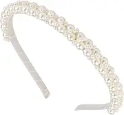 Small Pearl Headbands for Girls, Hapdoo 6.1inch White Beads Headband with Faux Pearl for Wedding, Non-adjustable Cute Fashion Beaded Bling Metal Based Hairbands for Birthday