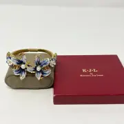 Kenneth Jay Lane Gold Tone Blue White Enamel Flowers Hinged Bracelet Garden KJL