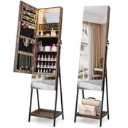 Giantex Lockable Jewelry Cabinet 3-Color LED Jewelry Organiser Full-Length Mirror w/Foldable Shelf & Drawer Rustic Brown