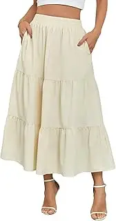 [HUSKARY] Women Summer Midi Skirt Casual Elastic High Waist Pleated A-Line Flowy Swing Tiered Beach Vacation Skirts