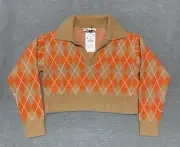 Zara Sweater Womens Medium Crop Cardigan Argyle Diamond Brown Grandpa Pullover M