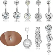 [YADOCA] 8 Pieces 14G Belly Button Piercing for Women Surgical Steel CZ Curved Navel Rings Belly Piercing Set Body Piercing Jewellery, Stainless Steel