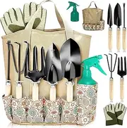 Scuddles Garden Tools Set - 8 Piece Heavy Duty Gardening Kit with Storage Organizer, Ergonomic Hand Digging Weeder Rake Shovel Trowel Sprayer Gloves Men Or Women