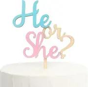 Gender reveals cake top, designed by him or her, pink blue wood cake decoration, baby shower party decoration