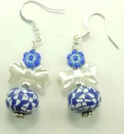 Blue & White Polymer Clay Blue Czech Flowers White Acrylic Bows Earrings